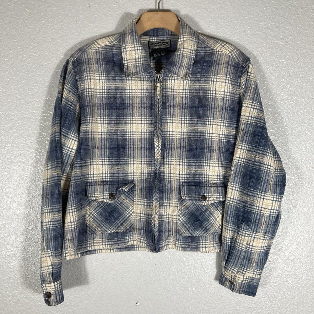 Womens L Blue Plaid Flannel Shirt Cropped Lumberjack Comfort Zip Cozy Shacket